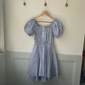 Caroline Constas Blue and White Striped Puff-Sleeve Mini Dress